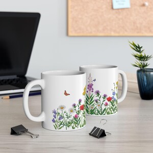 Wildflowers and Butterflies Mug | 11oz Ceramic Mug with Botanical & Butterfly Design | Nature Lover Gift | Floral Coffee Cup | Garden Mug
