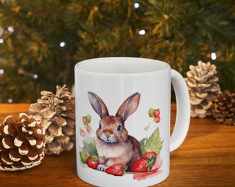 Keramische mok konijn en aardbeien, schattig koffiekopje 11 oz