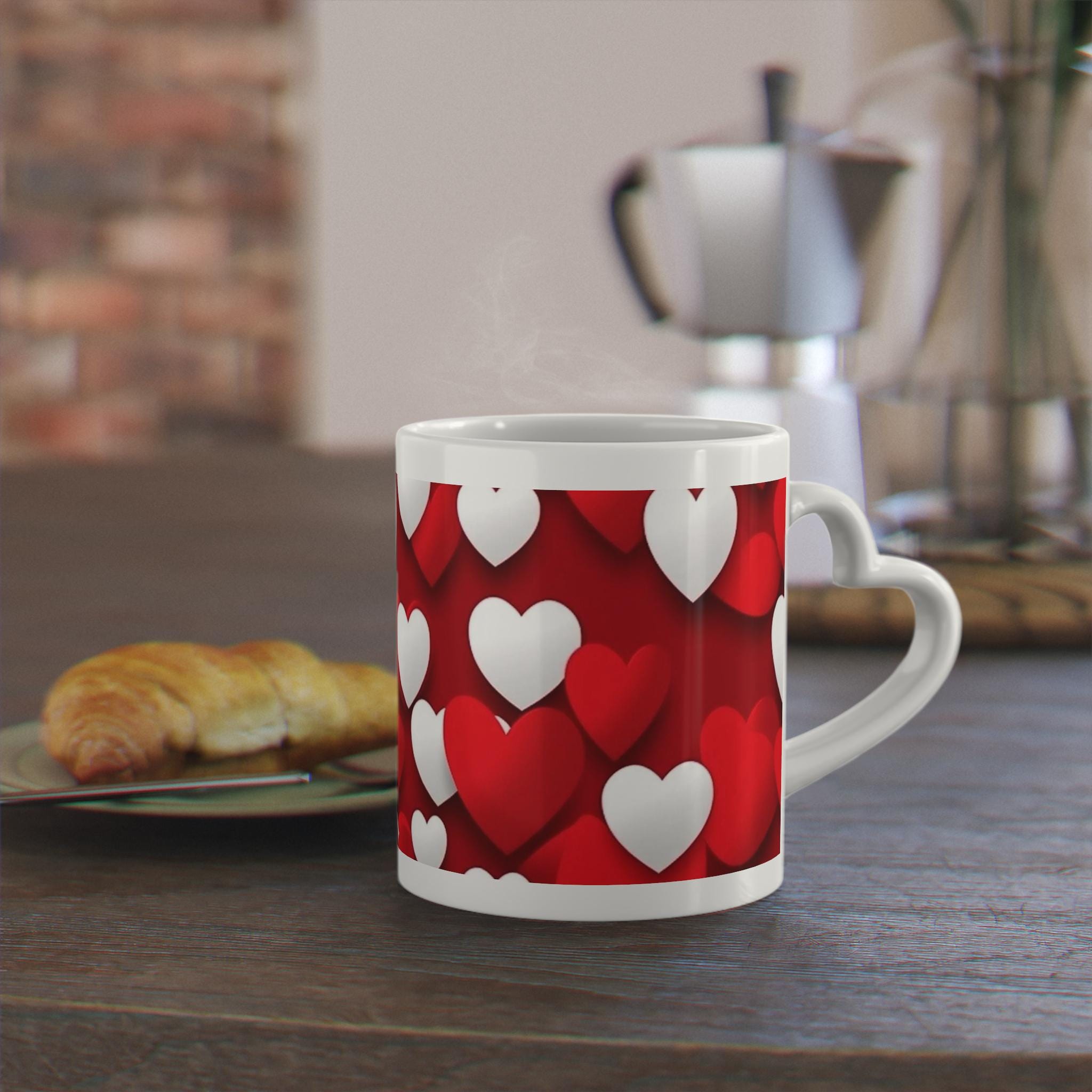 Heart-shaped Handle Mug, Red and White Hearts, Ceramic Coffee Cup