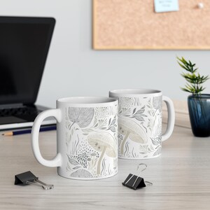 Muted Mushroom & Leaf Mug, 11oz Botanical Coffee Cup, Nature-Inspired Cottagecore Gift
