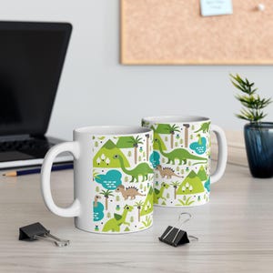 Fun Dinosaur Mug, Colorful Dino Coffee Cup, Kids Dinosaur Gift, Cute Prehistoric Mug, T-Rex, Stegosaurus, Triceratops Design, 11oz Mug