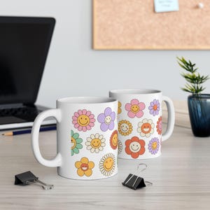 Happy Smiling Daisy Flowers Mug | Cute 11oz Ceramic Mug with Cheerful Daisies | Whimsical Flower Coffee Cup | Feel-Good Floral Gift