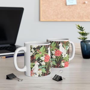 Tropical Cockatoo Mug | 11oz Ceramic Mug with Hibiscus & Jungle Plants | Exotic Bird Coffee Cup | Floral Bird Lover Gift | Tropical Decor