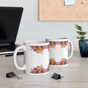 Floral Border Mug | 11oz Ceramic Mug Flowers on Top and Bottom | Elegant Botanical Design | Pretty Coffee Cup | Gift for Flower Lovers