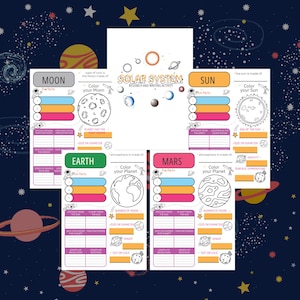 Activiteitenbundel zonnestelsel, afdrukbare kleurplaten van het zonnestelsel, interessante feiten over de planeten, planeten kleurplaten, pdf