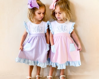 Girl's Personalized Dress with Matching Bow: Embroidered, Multi-Colored, Perfect for Special Occasions, Classic Monogram, Ideal Gift