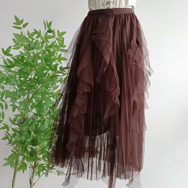 Coffee Renaissance Skirt, Irregular Ruffle Tulle Skirt, Ren Faire Tulle Skirt, Fairy Plus Size Skirt Dress, Cottagecore Medieval Tulle Skirt