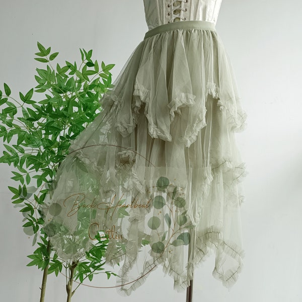 Fairy Green Tulle Skirt, Tulle Renaissance Skirt, Ruffle Layered Tulle Cake Skirt, Ren Faire Midi Skirt, Cottagecore Medieval Tulle Skirt