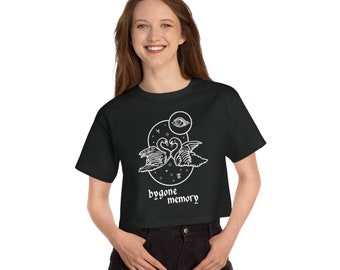 Bygone Memory White Print Crop Top - Poetic 90s Y2K Ladies Baby Tee, Ethereal Swan Tee, Dreamy Celestial Streetwear, Spiritual Fantasy Tee