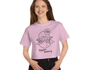 Bygone Memory Black Print Crop Top - Poetic 90s Y2K Ladies Baby Tee, Ethereal Swan Tee, Dreamy Celestial Streetwear, Spiritual Fantasy Tee