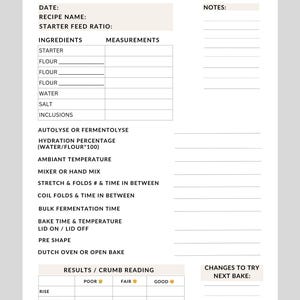 May include: Printable sourdough baking tracker with sections for date, recipe name, starter feed ratio, ingredients, measurements, autolyse or fermentolyse, hydration percentage, ambient temperature, mixer or hand mix, stretch and folds, coil folds, bulk fermentation time, bake time and temperature, lid on/lid off, pre shape, Dutch oven or open bake, results/crumb reading, and changes to try next bake. The results/crumb reading section has columns for poor, fair, and good with emojis for each.