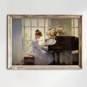 Victorian Girl Playing Piano Vintage Impressionist Wall Art | Pink ...