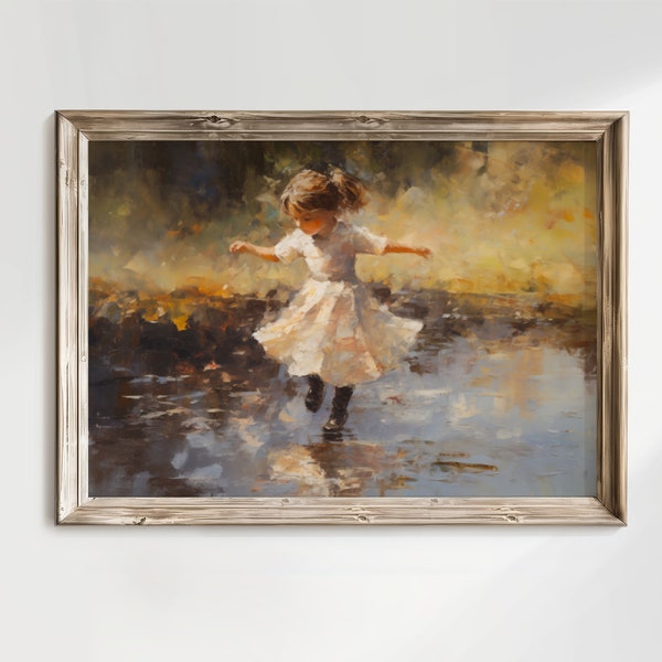 Little Girl Jumping in Puddle Vintage Impressionist Wall Art | Antique Oil Painting | Printable Digital Downloadable Print