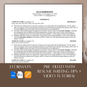 May include: A resume template with three different formats: DOC, Word, and a pencil icon. The text "Pre-filled with Resume Writing Tips + Video Tutorial" is displayed in a large font.