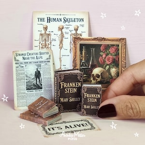 Pode incluir: Livros em miniatura e arte emoldurada com tema gótico. Os títulos incluem "Frankenstein", "The Human Skeleton" e um jornal com a manchete "Strange Creature Sighted Near the Alps". Uma caveira e uma natureza morta floral estão na moldura.