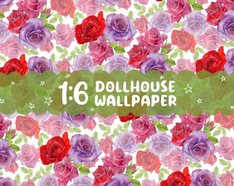1:6 scale Watercolor Roses miniature Dollhouse wallpaper, Printable digital paper for a Dollhouse wall, Diorama accessories and supplies