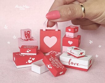 Miniature Valentine's Day boxes and bags for dollhouse decorations, Mini printables, Diorama supplies, Digital download