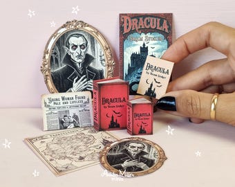 Miniature Dracula Book set in 1:12 and 1/6 scale for Dollhouse decoration. Halloween Printable PDF. Diorama supplies and Doll accessories