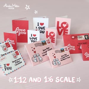 Miniature Valentines Day cards set in 1:12 and 1:6 scale, includes tiny love letters, envelopes, and cards with red, pink, and pastel designs. Features cute I Love You messages, vintage-style postage stamps, and illustrations