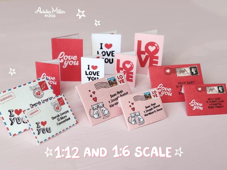 Miniature Valentines Day cards set in 1:12 and 1:6 scale, includes tiny love letters, envelopes, and cards with red, pink, and pastel designs. Features cute I Love You messages, vintage-style postage stamps, and illustrations