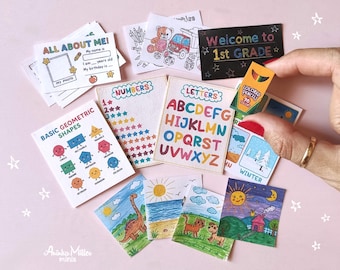 Miniature School Supplies for Dollhouse decorations in 1/6 and 1/12 scale, Mini Classroom Printables, Diorama supplies, Digital download