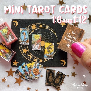 Miniature Tarot set for a dollhouse in 1:6 and 1:12 scale that includes: a miniature Tarot cards, a miniature Tarot mat, a miniature Tarot deck, and a miniature journal