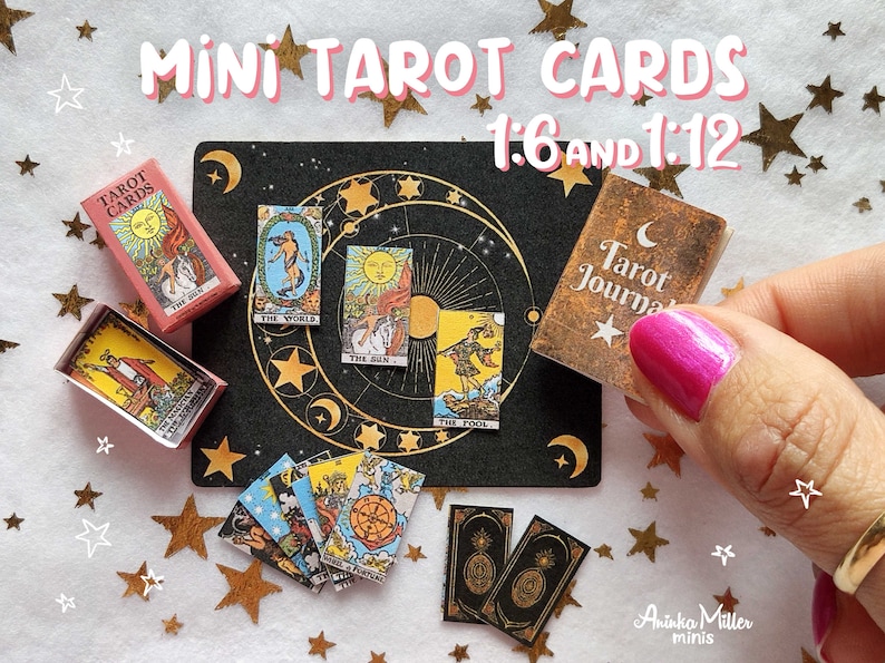Miniature Tarot set for a dollhouse in 1:6 and 1:12 scale that includes: a miniature Tarot cards, a miniature Tarot mat, a miniature Tarot deck, and a miniature journal