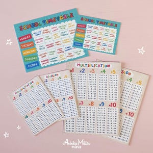 Miniature school printables set with tiny multiplication and division charts and colorful school timetable cards, dollhouse classroom accessories for 1:12 and 1:6 scale miniatures by Aninka Miller Minis