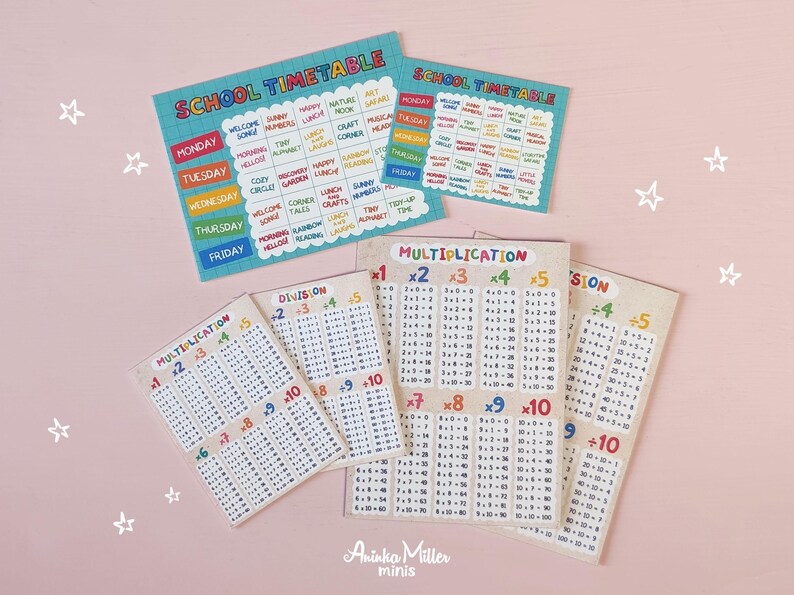 Miniature school printables set with tiny multiplication and division charts and colorful school timetable cards, dollhouse classroom accessories for 1:12 and 1:6 scale miniatures by Aninka Miller Minis