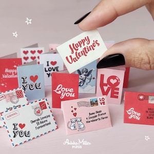 12 Miniature Valentine's Day Cards with envelopes and 1 garland, Dollhouse printables, Diorama accessories and supplies, Mini decorations