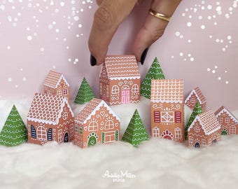 Miniature Christmas village with Gingerbread houses and trees for dioramas and dollhouse decor, Printable accessories and supplies
