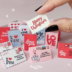 12 tarjetas en miniatura para el día de San Valentín con sobres y 1 guirnalda, imprimibles para casas de muñecas, accesorios y suministros para dioramas, minidecoraciones
