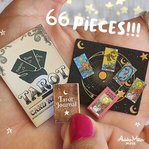 Miniature Tarot set for a dollhouse in 1:6 and 1:12 scale that includes: a miniature Tarot cards, a miniature Tarot mat, a miniature Tarot deck, a miniature journal and a miniature poster