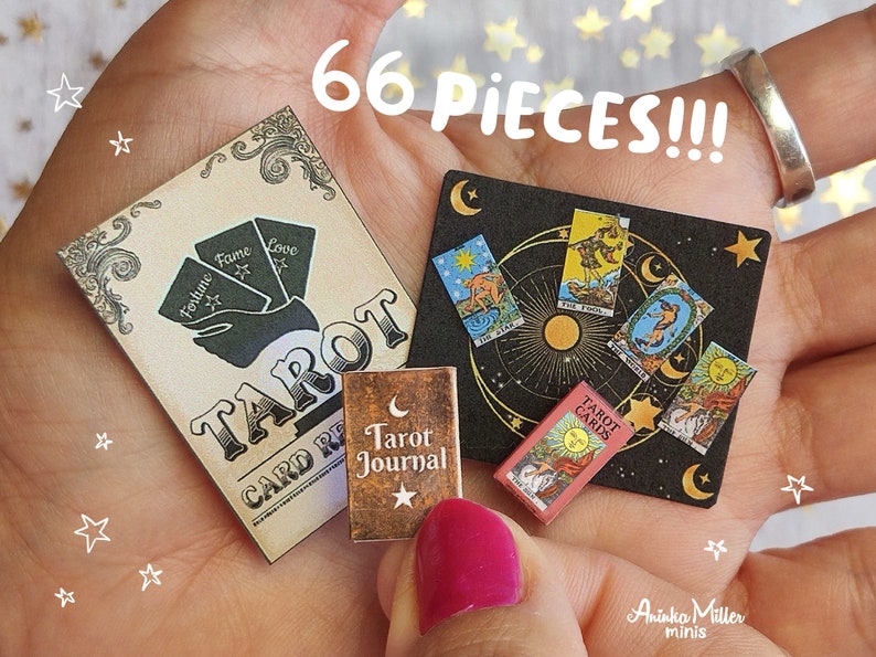 Miniature Tarot set for a dollhouse in 1:6 and 1:12 scale that includes: a miniature Tarot cards, a miniature Tarot mat, a miniature Tarot deck, a miniature journal and a miniature poster