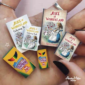 Alice in Wonderland dollhouse mini book set in 1:12 and 1/6 scale with 40 miniature book pages, Dollhouse printables, Diorama supplies