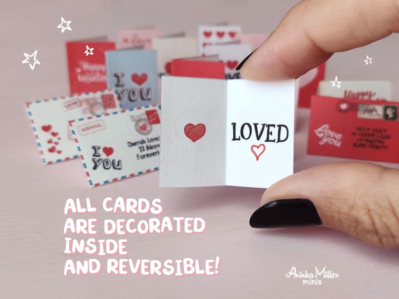 Miniature Valentines Day cards, tiny handmade cards with reversible designs and decorated interiors. Features cute You Are Loved messages, hearts, and vintage-style letters in red and pastel tones.