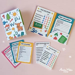 Printable miniature school supplies, DIY mini books and worksheets for dollhouses or crafts. Includes alphabet tracing sheets, student evaluation forms, and colorful classroom-themed covers, perfect for dollhouse accessories and handmade miniatures. By Aninka Miller Minis