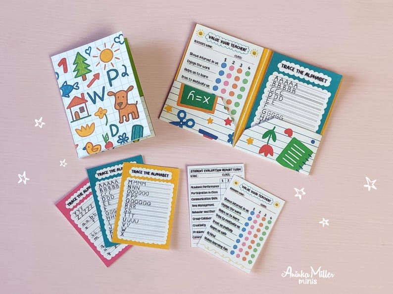 Printable miniature school supplies, DIY mini books and worksheets for dollhouses or crafts. Includes alphabet tracing sheets, student evaluation forms, and colorful classroom-themed covers, perfect for dollhouse accessories and handmade miniatures. By Aninka Miller Minis