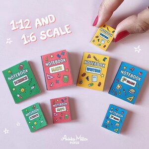 Miniature school notebooks in 1:12 and 1:6 scale, tiny dollhouse stationery set with colorful covers for math, science, writing, and first grade, handmade mini books for dolls and dioramas by Aninka Miller Minis