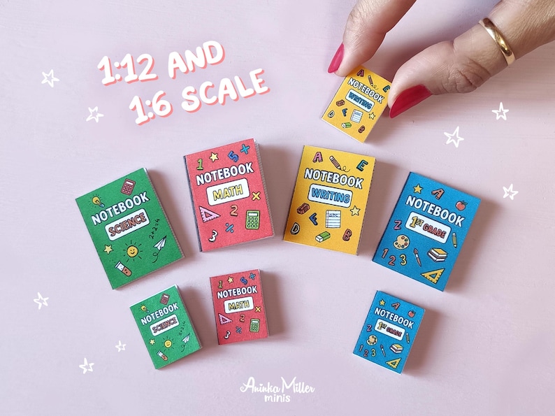 Miniature school notebooks in 1:12 and 1:6 scale, tiny dollhouse stationery set with colorful covers for math, science, writing, and first grade, handmade mini books for dolls and dioramas by Aninka Miller Minis