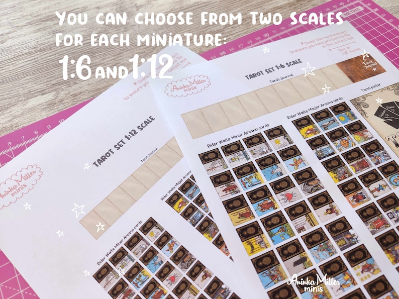 Miniature Tarot printable set for a dollhouse in 1:6 and 1:12 scale that includes: a miniature Tarot cards and a  miniature Tarot journal