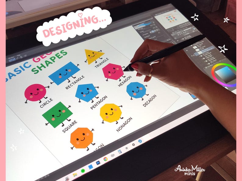 Digital illustration in progress on a tablet, showing the design of colorful cartoon geometric shapes like circle, square, triangle, hexagon, and more. Hand holding a stylus while creating printable miniature school posters for dollhouse classrooms by Aninka Miller Minis