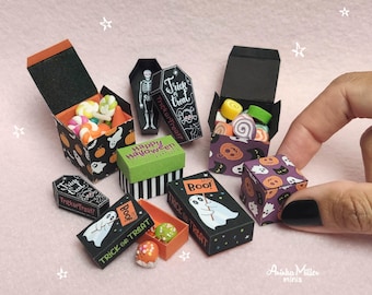 Dollhouse miniature Halloween party treat boxes for decor, Diorama supplies, Mini printable accessories, Digital download