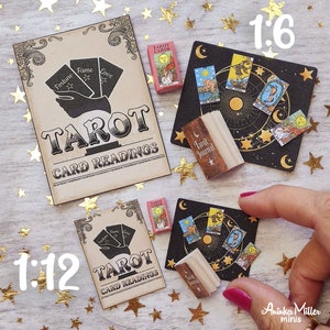 Miniature Tarot set for a dollhouse in 1:6 and 1:12 scale that includes: a miniature Tarot cards, a miniature Tarot mat, a miniature Tarot deck, a miniature journal and a miniature card readings poster