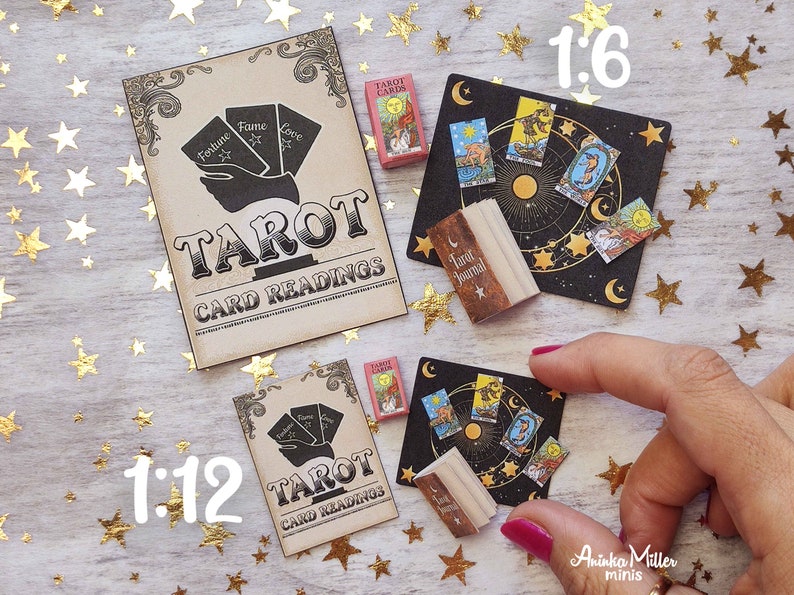 Miniature Tarot set for a dollhouse in 1:6 and 1:12 scale that includes: a miniature Tarot cards, a miniature Tarot mat, a miniature Tarot deck, a miniature journal and a miniature card readings poster