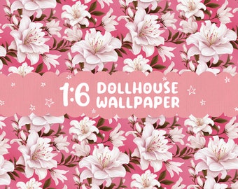 Romantic floral 1:6 scale miniature Dollhouse wallpaper, Printable digital paper for a Dollhouse wall, Gift for Doll collectors