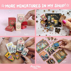 Miniature printable books and art for dollhouses: tiny Christmas Carol books, tarot cards, Alice in Wonderland book set with colored pencils, and miniature famous paintings by Aninka Miller Minis
