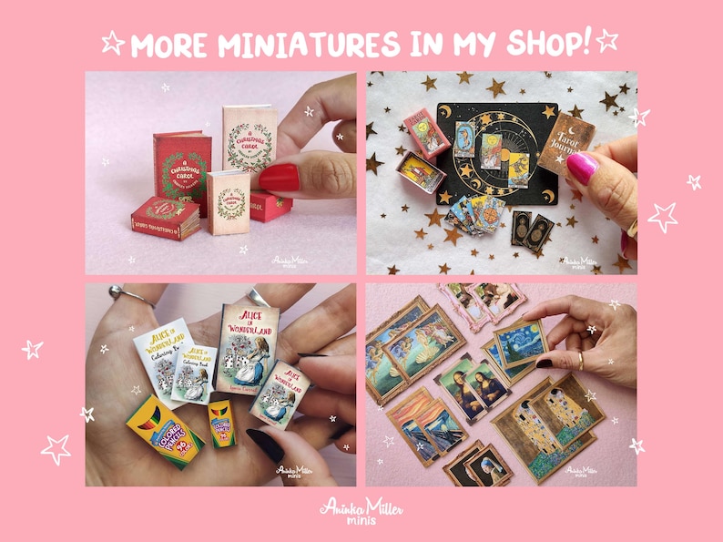 Miniature printable books and art for dollhouses: tiny Christmas Carol books, tarot cards, Alice in Wonderland book set with colored pencils, and miniature famous paintings by Aninka Miller Minis