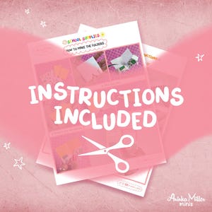May include: Pink background with white text that reads "INSTRUCTIONS INCLUDED". The image shows instructions for making folders, with scissors and the text "SCHOOL SUPPLIES" at the top. The bottom right corner has the text "Aninka Miller minis".