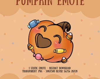 May include: A cartoon pumpkin emote with a heart-shaped cutout and candy corn accents. The orange pumpkin has a brown stem and is decorated with various candies. Text at the top reads "PUMPKIN EMOTE".
